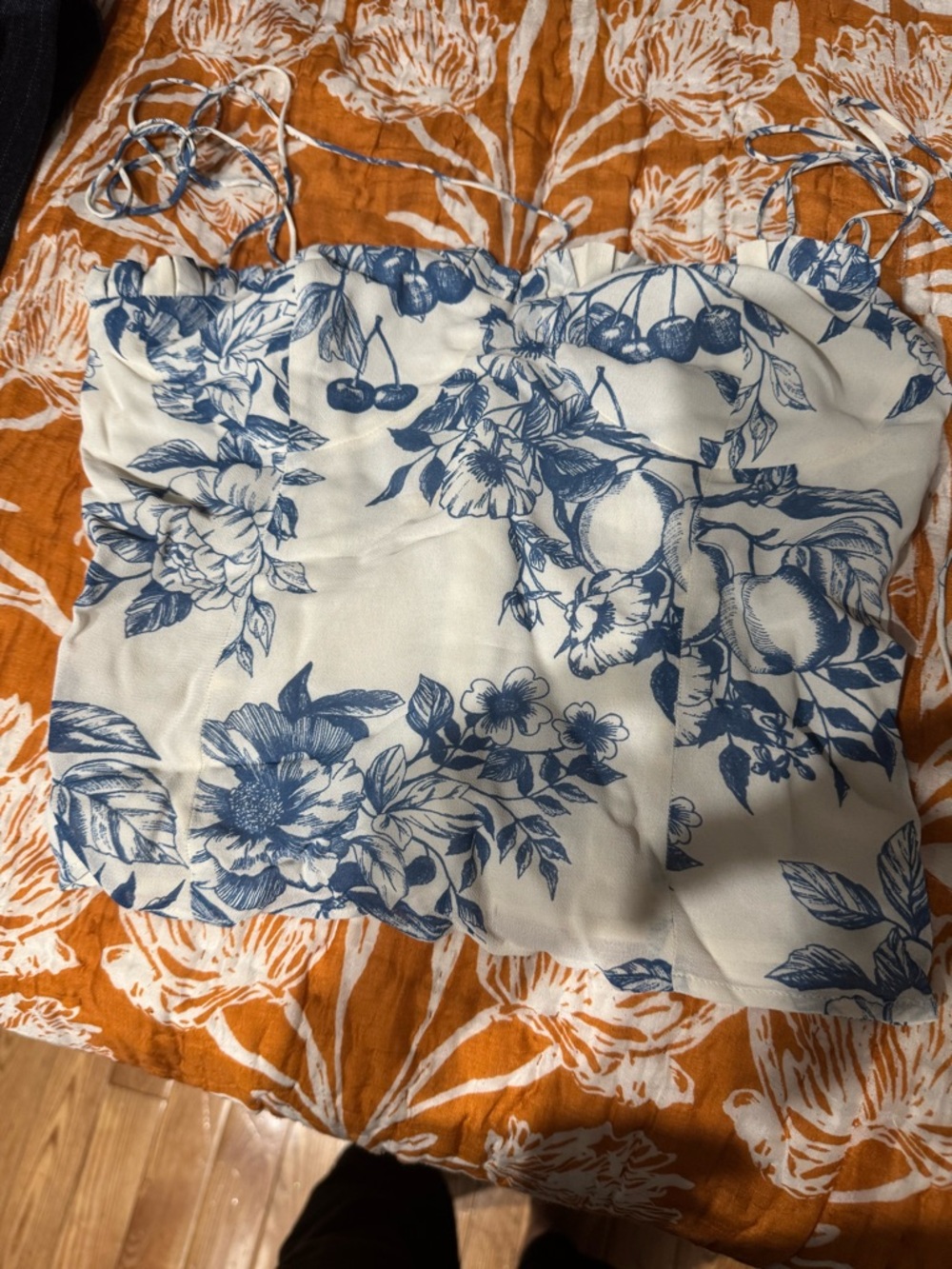 Reformation White Cami with Blue Botanical Print